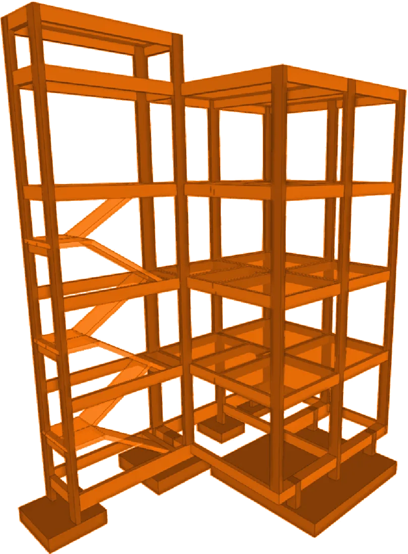 Modelo 3D de estrutura em concreto armado de edifício de 4 pavimentos, projeto estrutural da BDW Engenharia