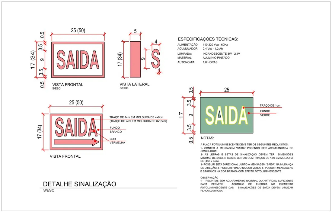 Detalhe de sinalização de saída de emergência em projeto preventivo contra incêndio